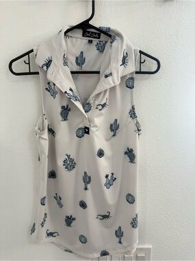 Bad Birdie Blue Cactus Print Sleeveless Polo Top